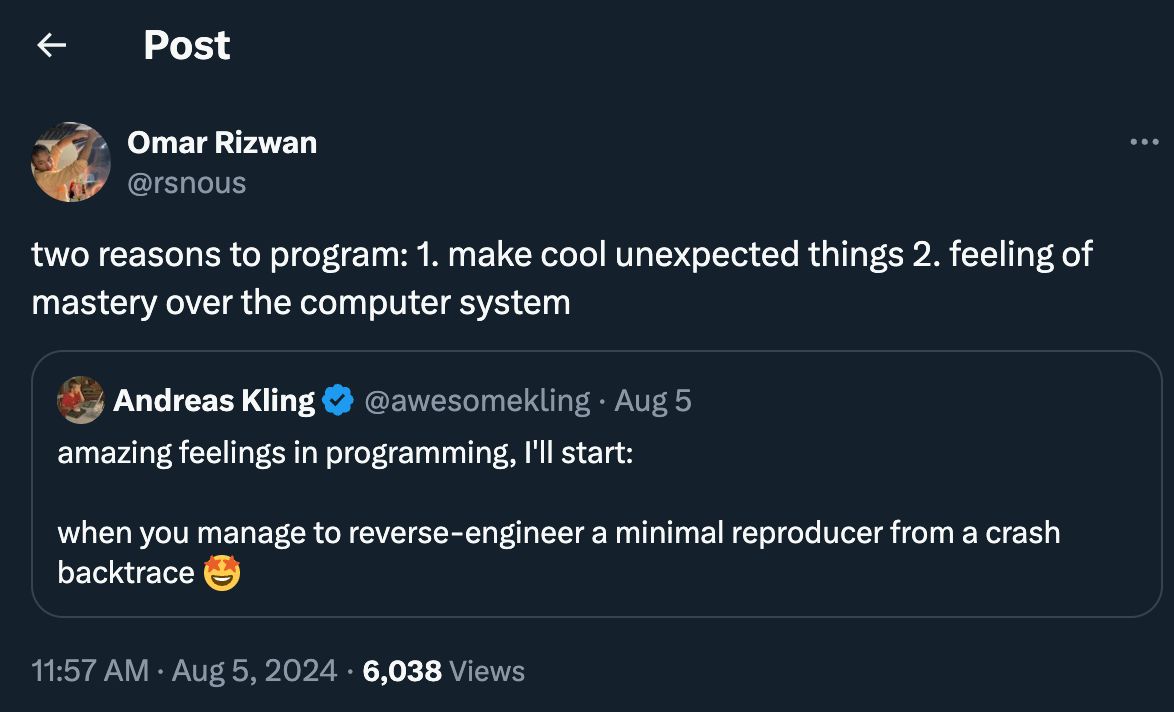 Tweet by Omar: two reasons to program: 1. make cool unexpected things 2. feeling of mastery over the computer system